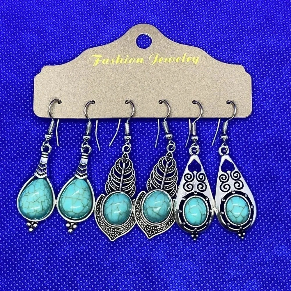 New earrings 3 pair bohemian silver tone antique finish drop earrings